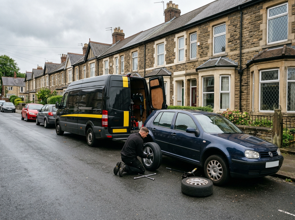 Master Tyres mobile tyre fitter working on a car outside a house in Lancashire