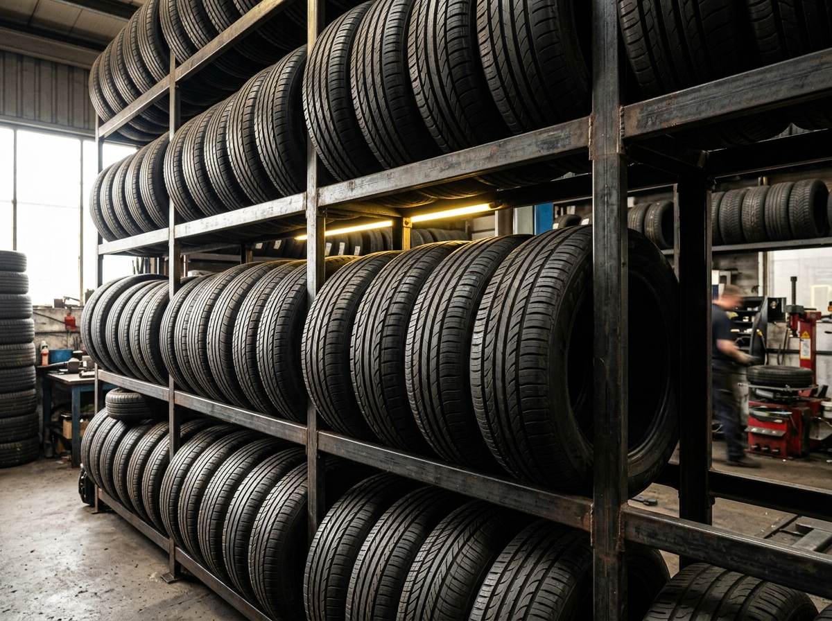 Racks of new tyres in all sizes in stock at Master Tyres Chorley